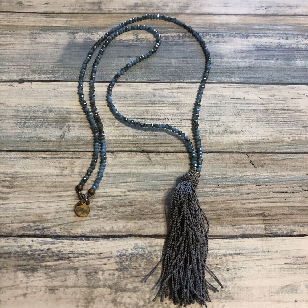 Fabulina crystal beads tassel Necklace long 34" Blue grey‎